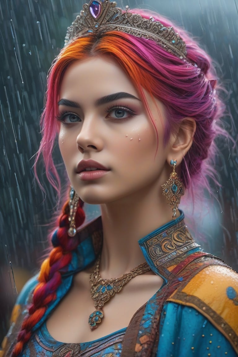 princess, colourfull hair, crop top, trousee, cinematic, rain, photography,  hyper detailed, trending on artstation, sharp focus, studio photo, intricate details, highly detailed,detailed face, detailed, (ultra hd,) 