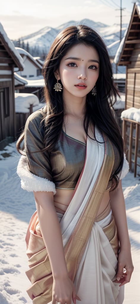  a beautiful cute girl ,saree , playing in sonw fall, friend takes a photo of , 
 snow fall ,  village mountain masterpiece, photorealistic, best quality, detailed skin, intri 8k, HDR, cinematic lighting, sharp focus, eyeliner, lips, earrings, hmmikasa, long hair, 