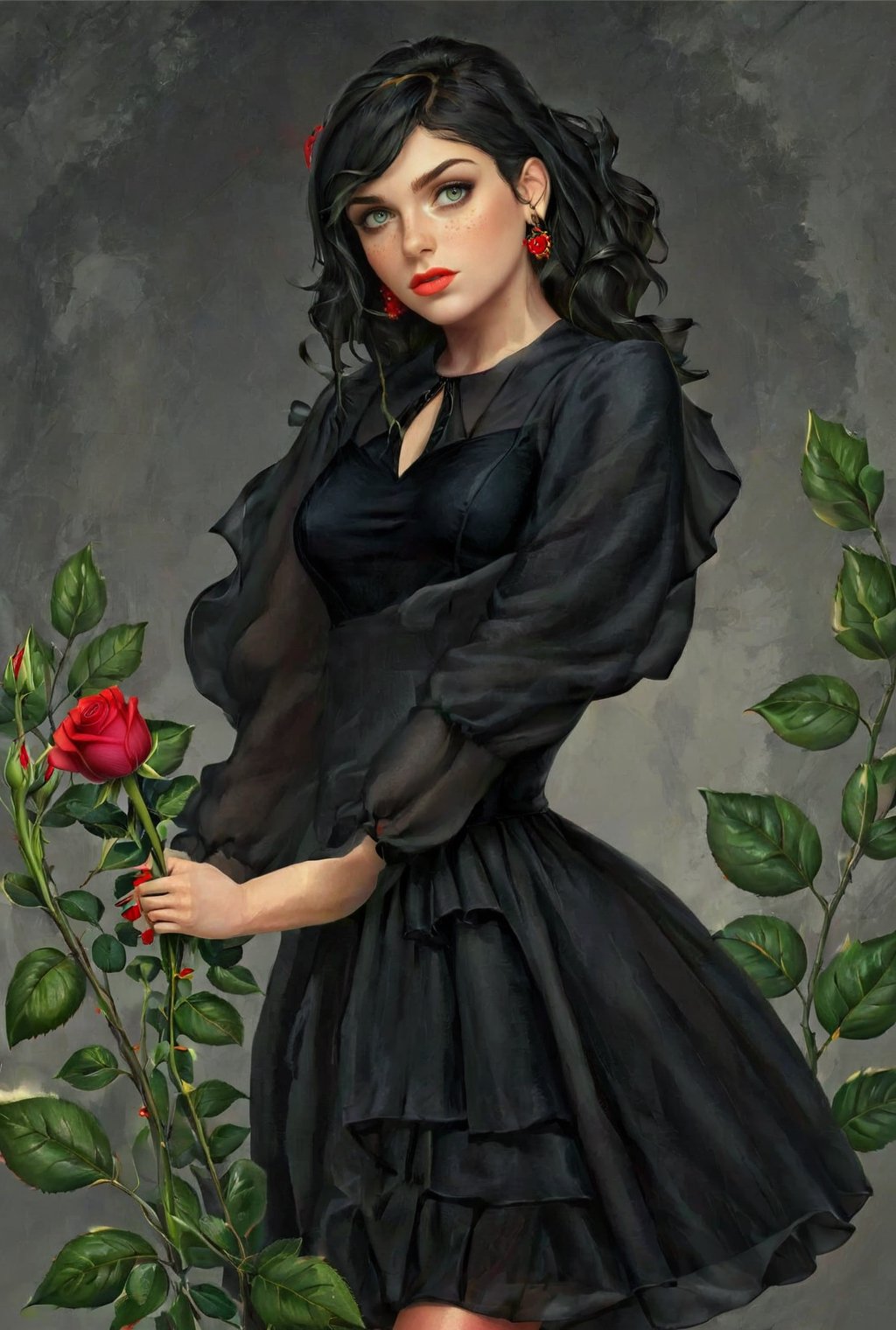 Woman wearing black dresses holds red rose