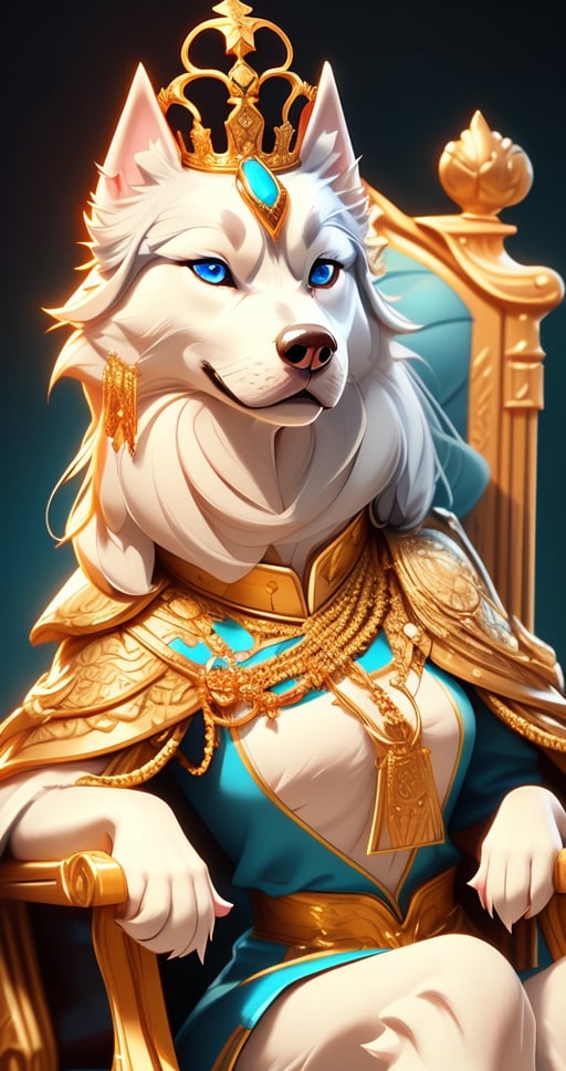  a lovely  female white  Siberian husky with piercing blue eyes, was known for her wisdom and compassion. wearing  queen dress, siting on throne, crown enchanted Kingdom of Paws, CINEMATIC, CINEMATIC LIGHT ,8lHD detailed,artstation, sharp focus, ,photo r3al,Movie . ,Furry character