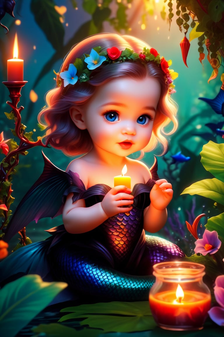 Cute baby,mermaid, with fangs,eats food ,candle light,  black dress(winged demonic creation):.5)) in a (((wild) (vine filled) jungle):((beautifull) (vibrant) (flowery) garden):.9) at (dusk sunset) 8k.