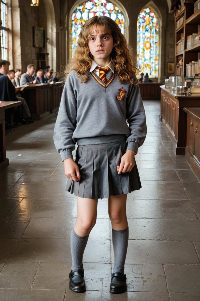 Cute face,cute girl, standing,Detailed face, skinny girl,Perfect photography of Hermione Granger, fully clothed in knee length skirt and sweater, Hogwarts uniform,11 year old girl, Hogwarts library background,full body,score_9, score_8_up, score_7_up, source_photo, photography, realistic,rating_explicit, raw photo, masterpiece, score_9, score_8_up, score_7_up,Hermione Granger, 1girl, long_hair, bangs, brown_hair,child