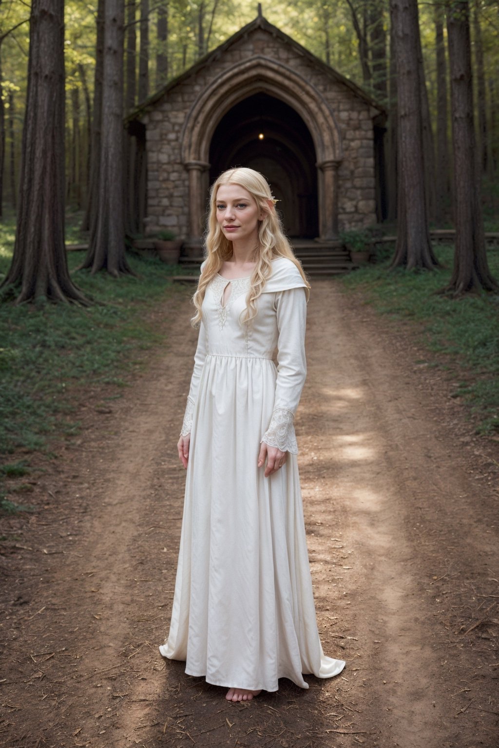 Full body view,(20 year old:1.5),Perfect photography of young cate blanchett as galadriel, young elvish girl, elf female, white elvish dress, long dress, blonde hair, wavy hair, medieval dress, daylight, forest background, masterpiece, 8k, high quality , detailed face