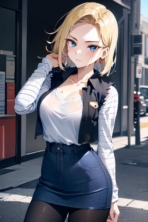 best quality, highres, 1girl, android 18, solo, blonde hair, blue eyes, short hair, earrings, jewelry, denim vest, open vest, black pantyhose, black shirt, denim skirt, striped long sleeves, blue skirt, large breasts, , cowboy shot, street, ,and18, medium_breasts, (face focus, (dynamic pose, dynamic angle:1.3), (masterpiece, best quality, ultra-detailed, very aesthetic:1.5), illustration, disheveled hair, perfect composition, moist skin, intricate details, seducing_gaze, looking_at_viewer