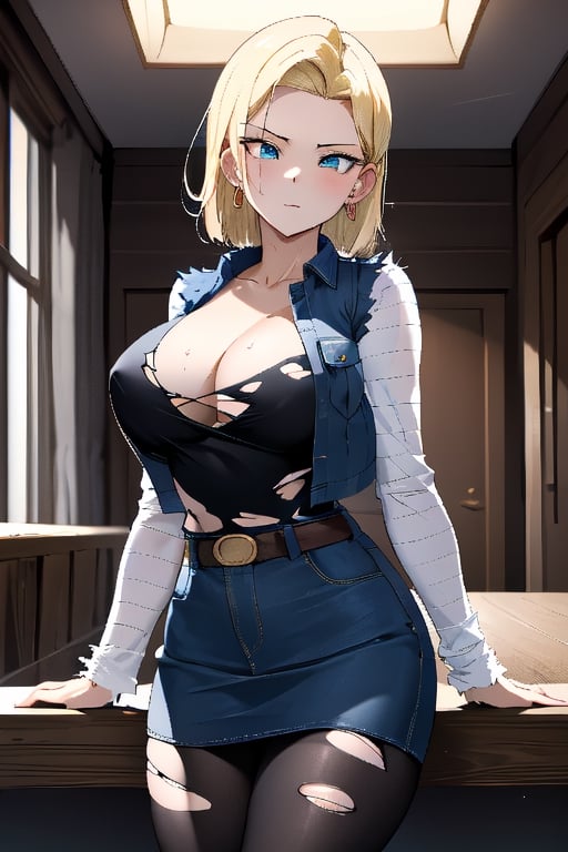 best quality, highres, 1girl, android 18, solo, blonde hair, blue eyes, short hair, earrings, jewelry, denim vest, open vest, black pantyhose, black shirt, denim skirt, striped long sleeves, blue skirt, cowboy shot, ,and18, large_breast, (face focus, (dynamic pose, dynamic angle:1.3), (masterpiece, best quality, ultra-detailed, very aesthetic:1.5), illustration, disheveled hair, perfect composition, moist skin, intricate details, seducing_gaze, looking_at_viewer, detalied_background, seductive_pose, perfect body, legs_apart, torn_clothing, nip_slip, indoors,