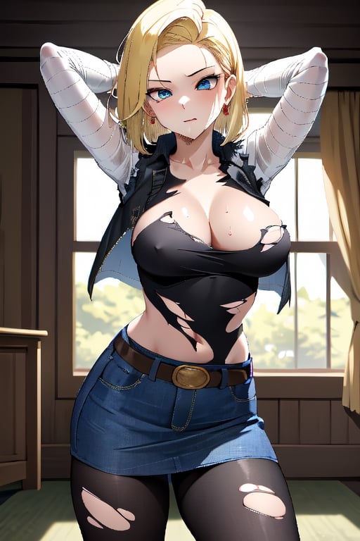best quality, highres, 1girl, android 18, solo, blonde hair, blue eyes, short hair, earrings, jewelry, denim vest, open vest, black pantyhose, black shirt, denim skirt, striped long sleeves, blue skirt, cowboy shot, ,and18, large_breast, (face focus, (dynamic pose, dynamic angle:1.3), (masterpiece, best quality, ultra-detailed, very aesthetic:1.5), illustration, disheveled hair, perfect composition, moist skin, intricate details, seducing_gaze, looking_at_viewer, detalied_background, seductive_pose, perfect body, legs_apart, torn_clothing, nip_slip, indoors, seducing_face, nudity,, arms_above_head, saliva_string,
panting, sweating, slim_waist, 