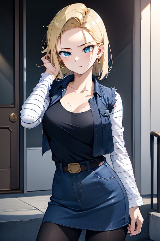 best quality, highres, 1girl, android 18, solo, blonde hair, blue eyes, short hair, earrings, jewelry, denim vest, open vest, black pantyhose, black shirt, denim skirt, striped long sleeves, blue skirt, large breasts, , cowboy shot, street, ,and18, medium_breasts, (face focus, (dynamic pose, dynamic angle:1.3), (masterpiece, best quality, ultra-detailed, very aesthetic:1.5), illustration, disheveled hair, perfect composition, moist skin, intricate details, seducing_gaze, looking_at_viewer