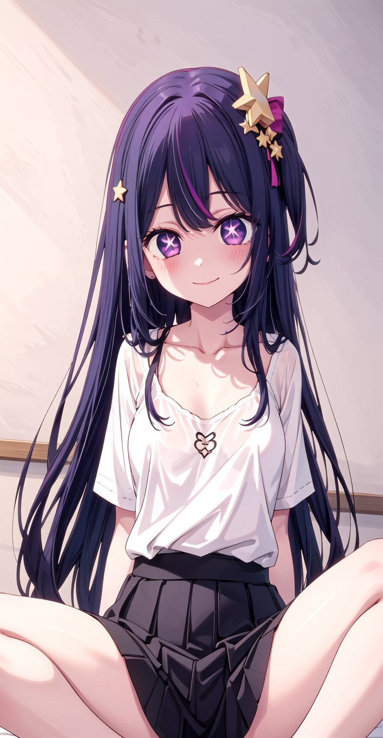 //Quality,
masterpiece, best quality
,//Character,
1girl, solo
,//Fashion, 
,//Background,
white_background
,//Others,
,spread legs, 
,hoshino_ai_oshinoko, long_hair, purple_eyes, purple_hair, bangs, smile, symbol-shaped_pupils, multicolored_hair, star-shaped_pupils, 1girl, collarbone, hair_ornament, symbol shaped_pupils