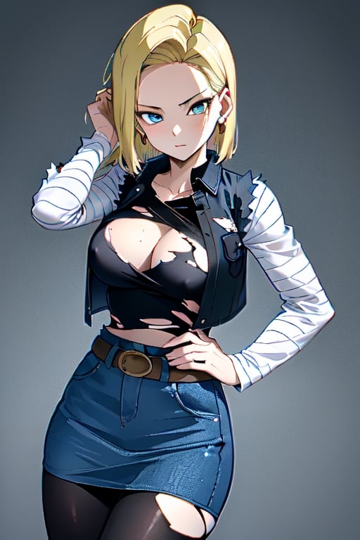 best quality, highres, 1girl, android 18, solo, blonde hair, blue eyes, short hair, earrings, jewelry, denim vest, open vest, black pantyhose, black shirt, denim skirt, striped long sleeves, blue skirt, cowboy shot, ,and18, large_breast, (face focus, (dynamic pose, dynamic angle:1.3), (masterpiece, best quality, ultra-detailed, very aesthetic:1.5), illustration, disheveled hair, perfect composition, moist skin, intricate details, seducing_gaze, looking_at_viewer, detalied_background, seductive_pose, perfect body, legs_apart, torn_clothing, nip_slip, 