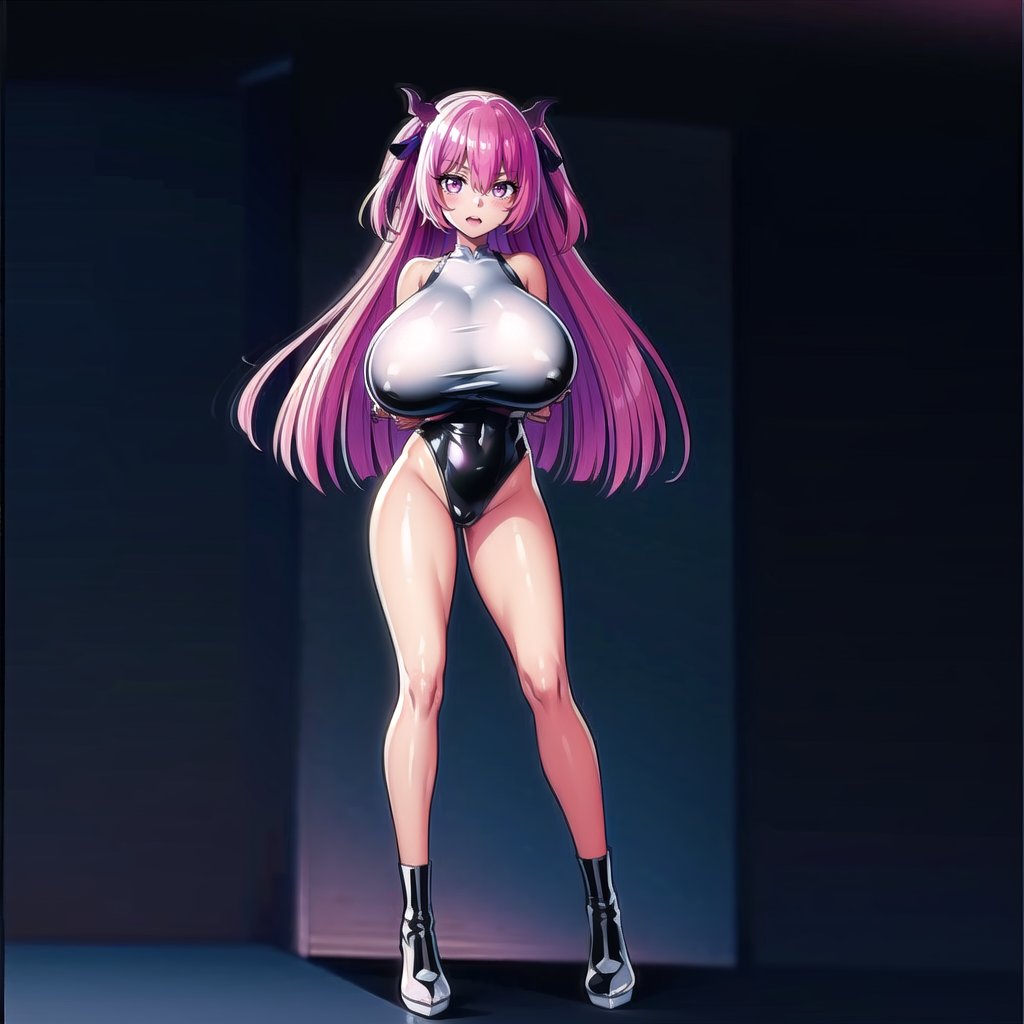 Lixual Hellmare,long_pink_hair, ,,big_breats, fat nipples , anime girl face ,black latex, latex_suit , oppai oppai