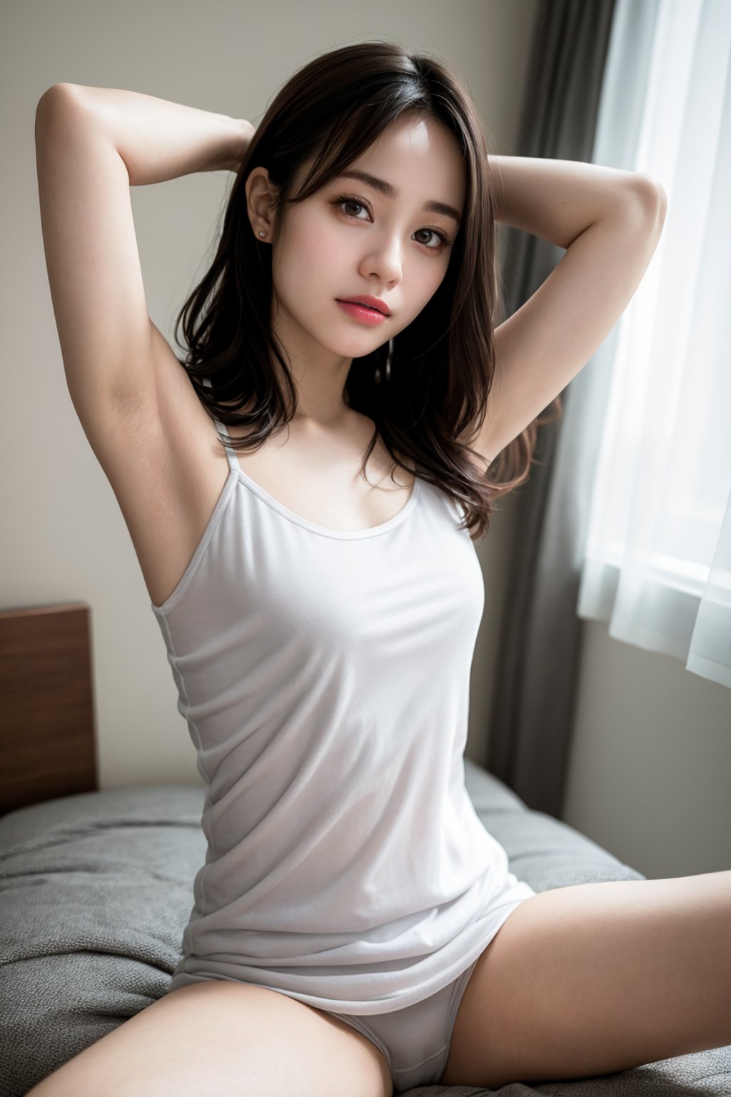 1girl, (RAW photo, best quality), looking at viewer, grey hair, medium hair, small breast, pink lips, naked, nipple, pussy, vagina, spread legs, arms_behind_head, sweating_profusely, armpit, squating, (hotel room1.2), masterpiece, best quality, highres, 8k, medium shot, 