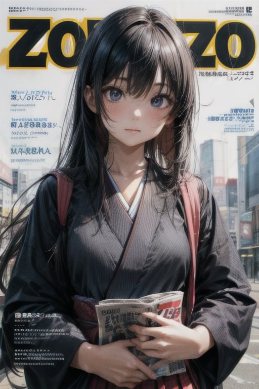 zoo v1.0Defaults17Style, (magazine cover, japanese text:1.3), 1girl, female_solo, an adorable schoolgirld, japanese school uniform, japanese text, character name, background with english texts,  cyberpunk logo on background,masterpiece, detailed, high quality, absurdres, masterpiece, best quality, highres, solo,upper_body,perfecteyes