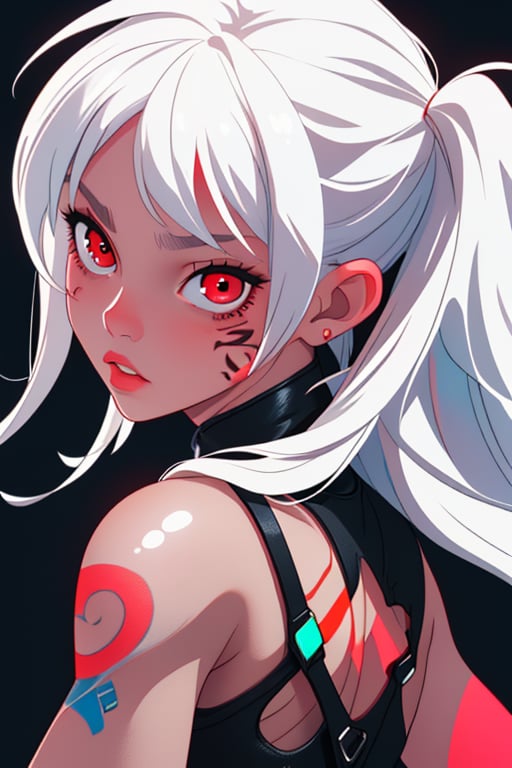 white hair, neon tattoo, red eyes, 8k, very detailed, masterpiece, 