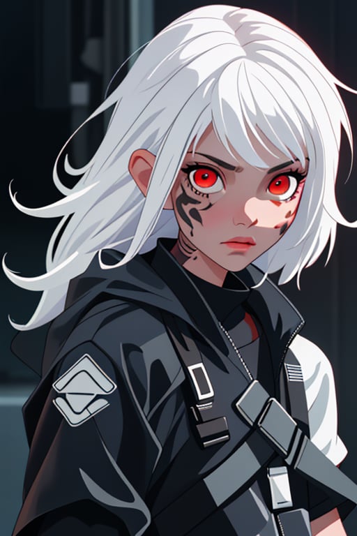 Techwear, white hair, neon tattoo, red eyes, 8k, very detailed, masterpiece, 