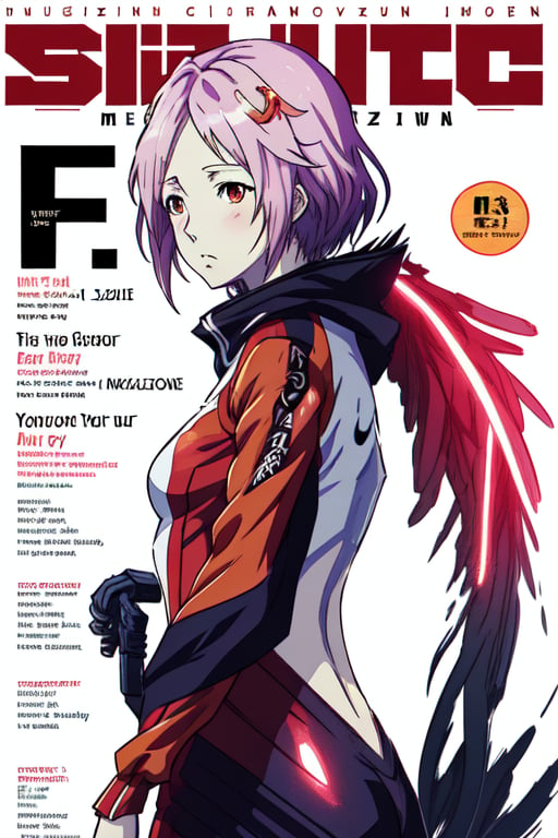  (magazine cover, english text: 1.3), nike, guilty crown inori, very detailed, neon background, very detailed, HD, 8K, techwear