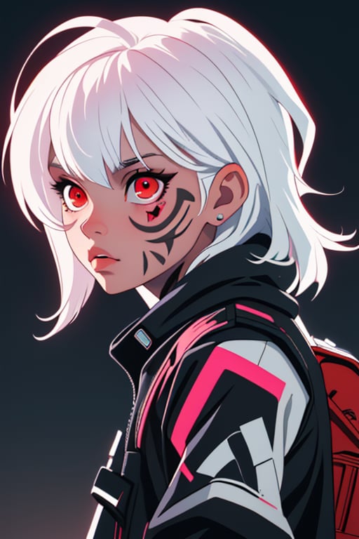 Techwear, white hair, neon tattoo, red eyes, 8k, very detailed, masterpiece, 