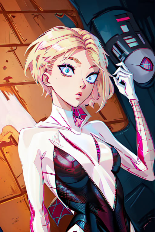 gwen stacy, blonde hair, blue eyes, spidergwen suit, spiderverse, 8k, HD, jacket 