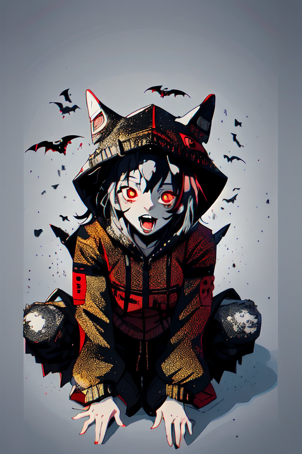 plane background, 1 girl, black hair, red eyes, techwear, vampire