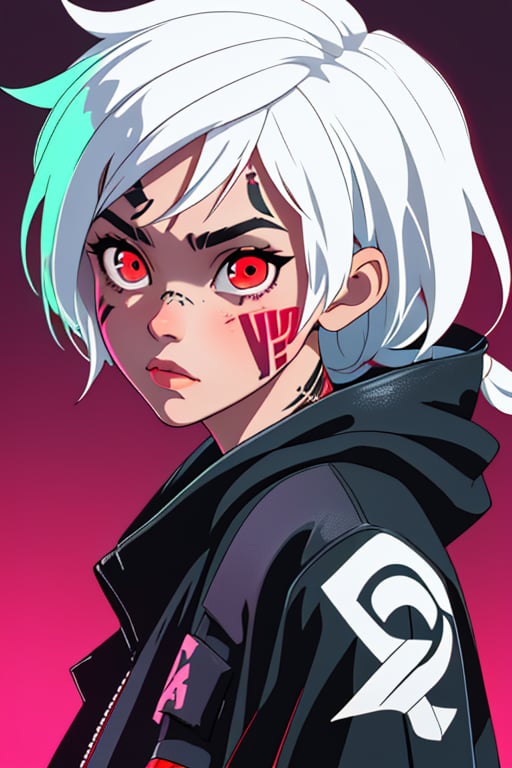 Perspective, Neon graffiti background, Techwear, white hair, neon tattoo, red eyes, 8k, very detailed, masterpiece, 