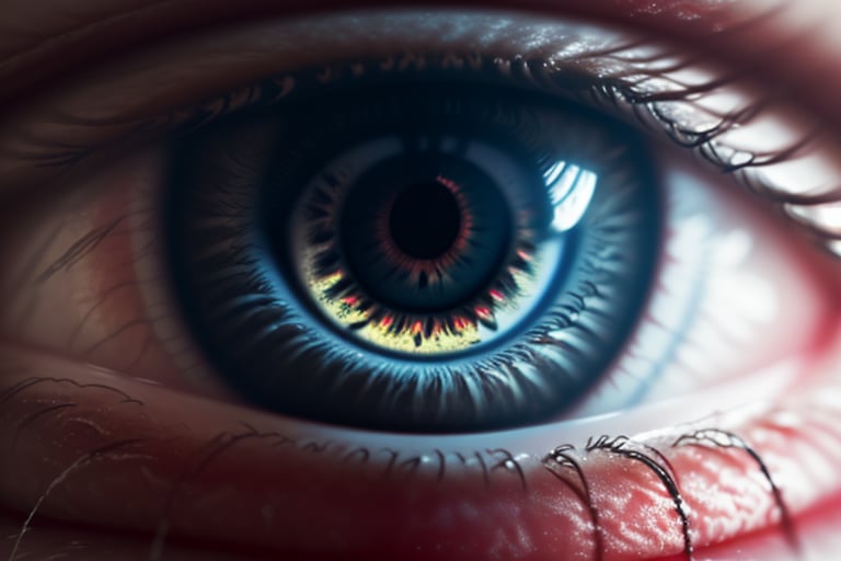 Red eye macro shot, clear view of cornea and retina,perfecteyes, highly detailed