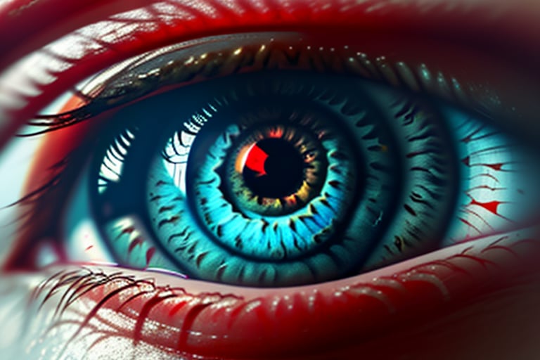 Red eye macro shot, clear view of cornea and retina,perfecteyes, highly detailed,Science Fiction