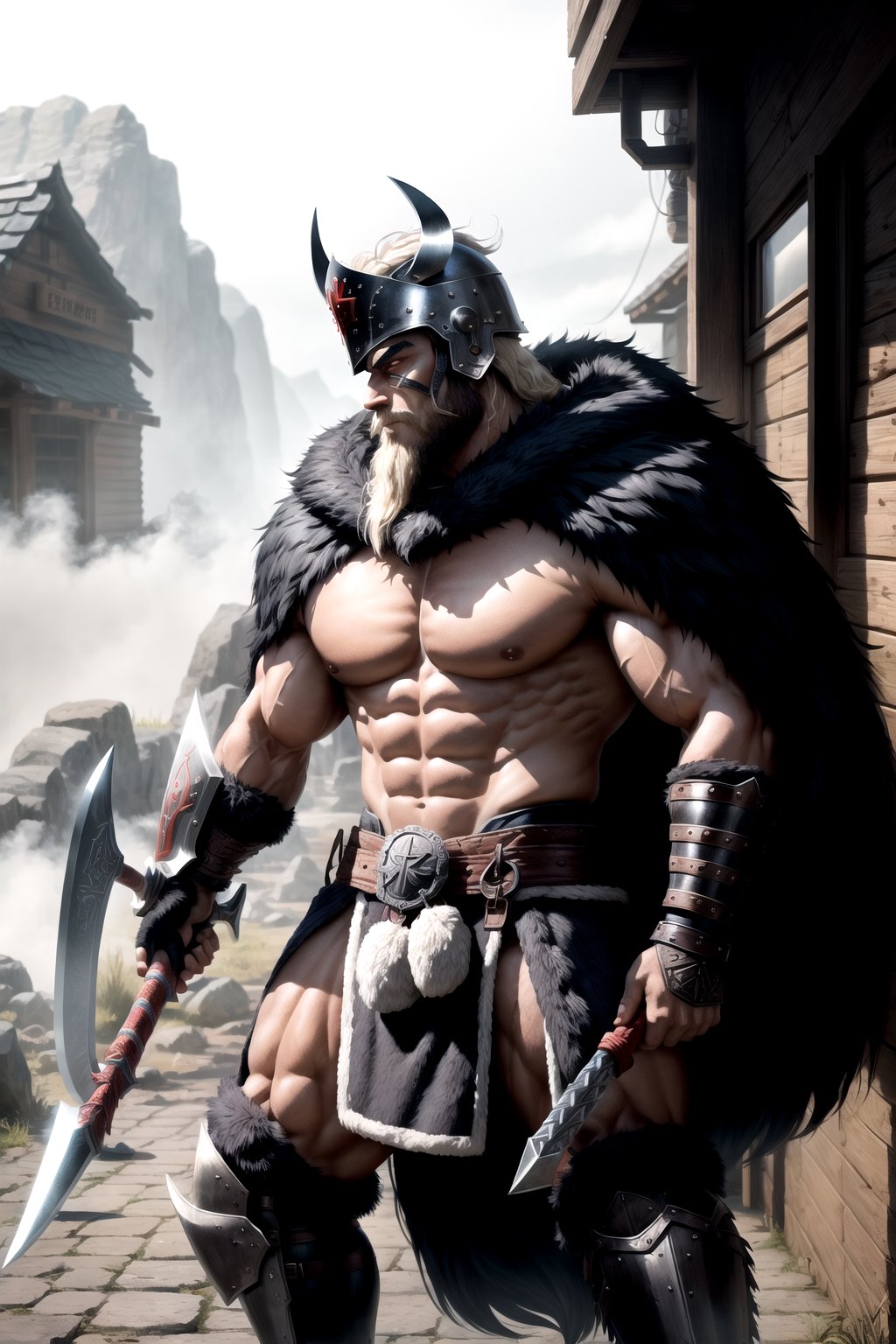 It's a giant berserker(woman) that carries two huge axes on its back. He has only armor on his legs and musculature, only lightly covered by a fur cloak. He wears a fur wolf's head helmet and has a bloodthirsty expression on his face. He is looking over his shoulder at the viewer and is standing at a tavern. He supports himself with one arm so that he can be seen from the side. Tavern, street in front of tavern, people walking around, Ax with a wooden handle 1.5 meters long and ax cutter, Viking axe, support at the tavern


High quality, masterpiece, maximum image texture, best quality UHD 16k, Anime 1.0, best quality, Ultra detailed, very high definition, extremely delicate and beautiful, more contrast, best color ratio, full body