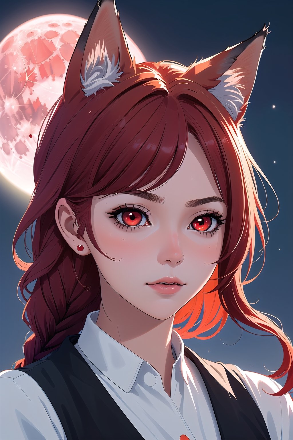 Luna, 2 Face only, woman, close-up, redhead, red eyes, black fox, fox ears, braided hair on one side, blood moon in background,

,Lunaris,Girls