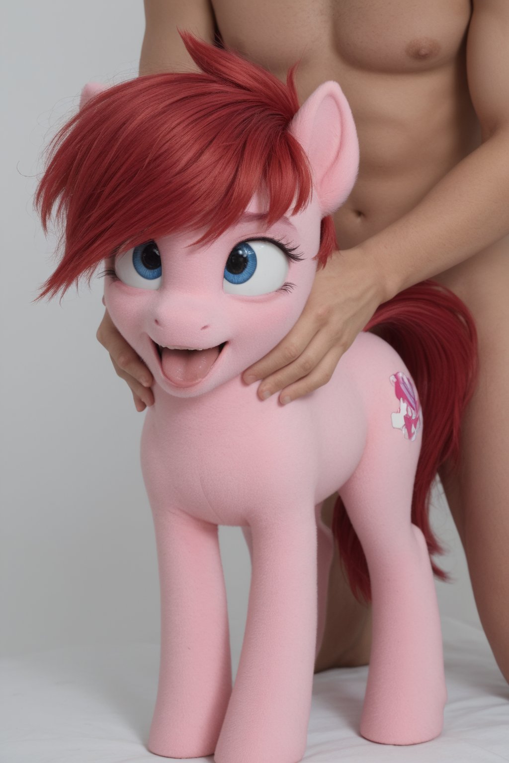 A pink pony from my little pony with red hair get fucked from behind by a human who holds on to the pony's mane while it has its mouth wide open.