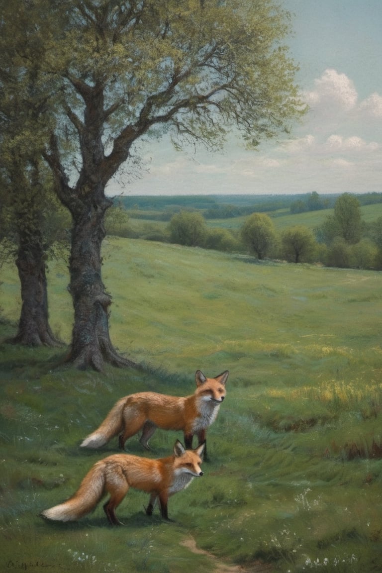 Pastelart An open landscape in France, fields, trees, a wood in the far end, a roaming fox in the foreground, landscape in May, intricately textured and extremely subtle detailed,  detailmaster2,  side-light,  high resolution and contrast,  high colour contrast,  dark vivid palette, ultra quality ,Lunaris