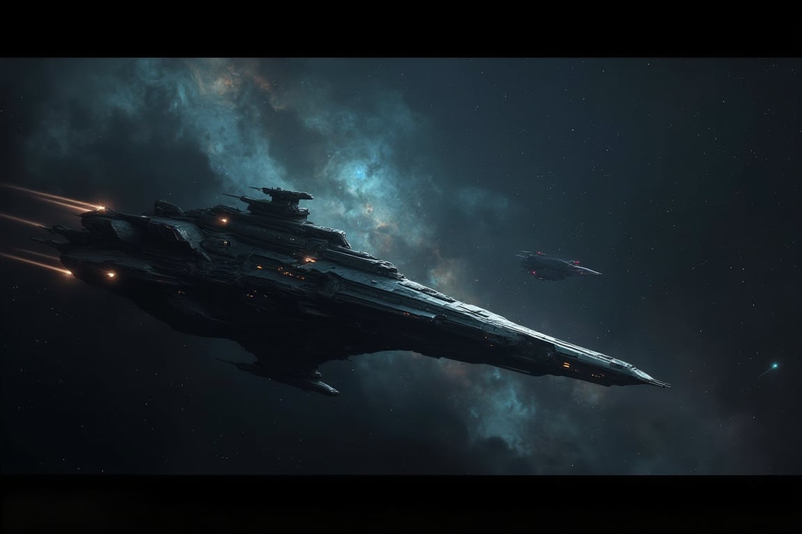 A Frigate space ship flying through deep space, stars and nebula in background, approaching an enormous Battlestar space ship, 

deep space, mysterious scene, dark, horror, grimdark style, Movie Still, moody colours, Expanse concept art, Prometheus concept art,fluxtration, empty, cold empty space,