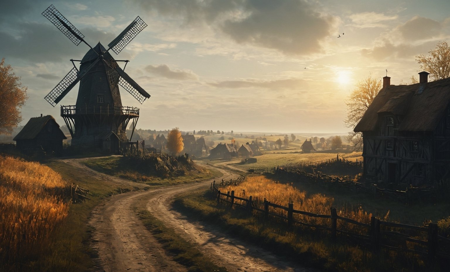 A shot from on a road of a small Medieval English style hamlet, landscape, a windmill, town house, barn, The Witcher 3 Concept Art, , low visibility, golden hour sunlight, few crop fields in distance, mysterious scene, dark, fantasy art, Movie Still, moody colours,Landskaper, newhorrorfantasy_style,darkart, cinematic moviemaker style,