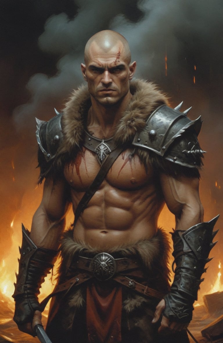 ((a dnd barbarian man)), (25 y.o), ((shaved head:1.5, dark eyes)), ((wearing barbarian leather and fur armour, belts, straps)), muscular body bulging muscles, Raging with pure fury, screaming with rage, arms stretched out to his sides in a roar or intensity,

dark palette, crisp lines, rough aesthetics, masterpiece, realistic, detailed, high resolution, cascading strands of her hair, mysterious ambiance, background of bloody battlefield, smoke and embers fill the air,

digital painting, High Quality, 8k Uldtra HD, hyper-realistic, fantasy art, Greg Rutkowski style , Magali Villeneuve style, esao andrews style,

action shot, Leonardo Style, Comic Book-Style 2d, mysterious ambiance, dark, digital painting, High Quality, 8k Uldtra HD, hyper-realistic, fantasy art, nodf_xl, background of a a dungeon, dnd, baldurs gate 3, dark, digital painting, in the style of esao andrews,4k,ENHANCE XL,ENHANCE Facial details, esao andrews style, esao andrews art,