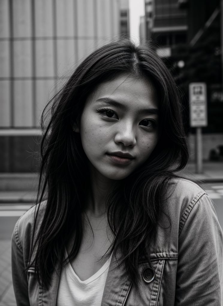 Rule of thirds, golden rule, portrait of a stunning korean girl, 18 y.o, model pose, long flowing hair, beautiful, slender, standing on street corner in a tokyo city wall with graffiti on it, photorealistic, realistic, photography, detail, photorealistic, Realism, Masterpiece, F stop 2.8, ISO 100, Film photograph, bokeh, black and white photography, grain, noise