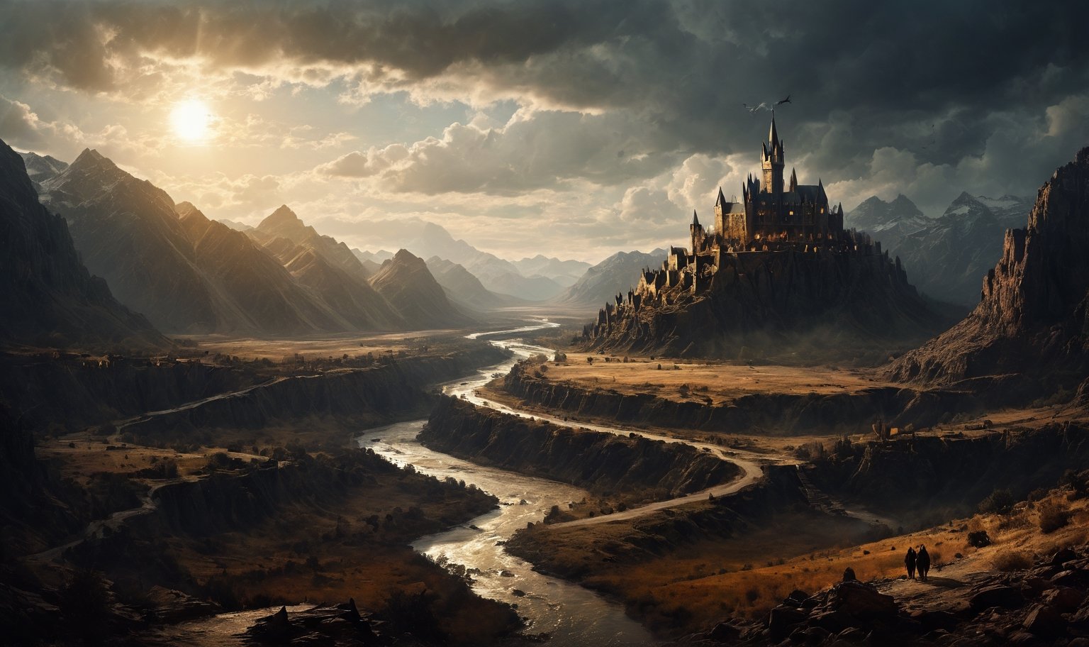 A rustic human City built in the middle of a dusty and dry valley, a river flowing through the middle of the landscape, moody clouds to the left, golden hour sun light to the right, mysterious scene, dark, fantasy art, horror, sleepy hollow style, fantasy art, DND, RPG, grimdark style, Movie Still, moody colours, darkart, realism, middle earth,extrusionbuilding