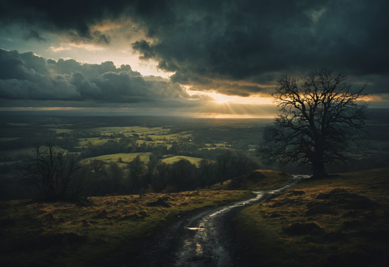 White shores and beyond, a far green country under a swift sunrise, golden hour sunlight, moody clouds, mysterious scene, dark, fantasy art, horror, sleepy hollow style, fantasy art, DND, RPG, grimdark style, Movie Still, moody colours,darkart