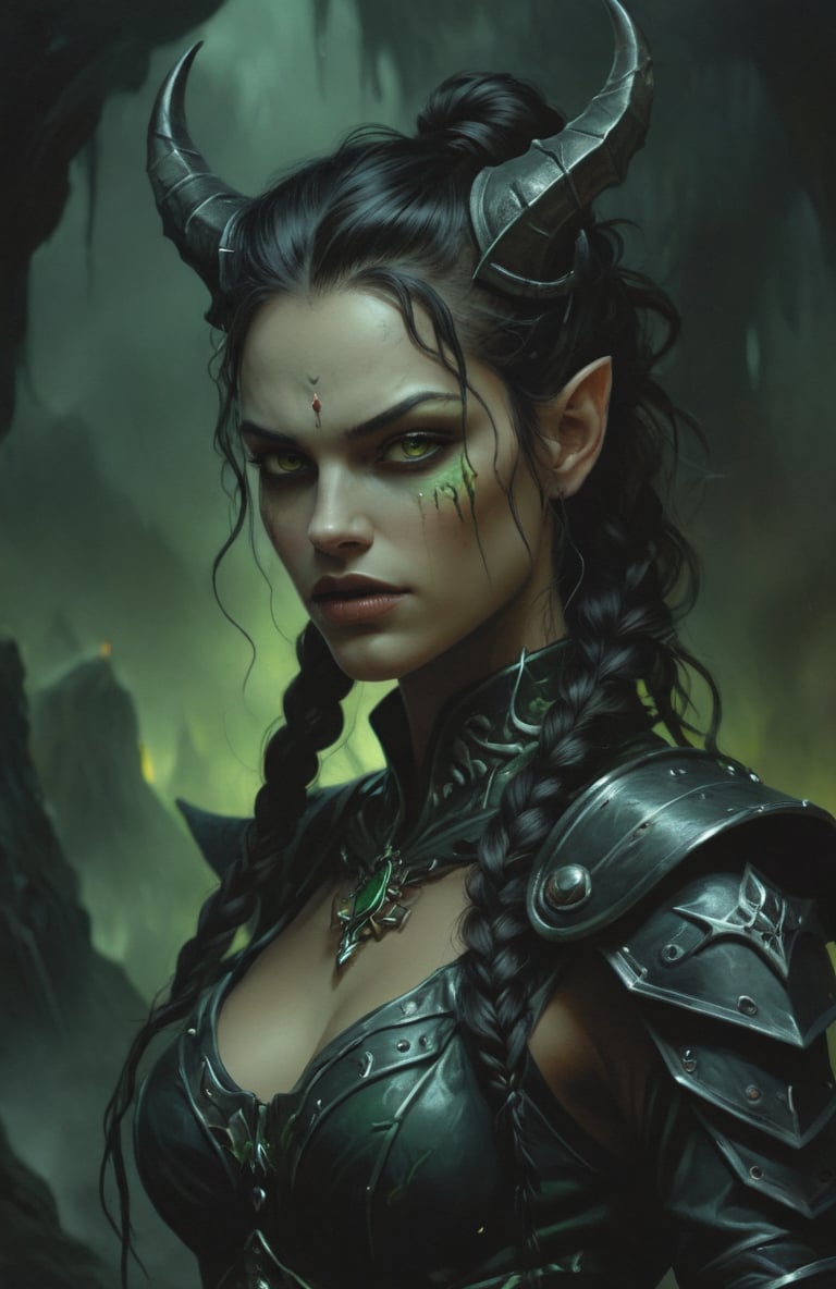 A demon queen from the nine hells, DnD tiefling, stern and stoneline expression, dangerous and deadly, black hair in braids, glowing green eyes, ((dark grey skin:1.8)), jagged black horns, Dark metal armour, mysterious ambiance, dark, digital painting, High Quality, 8k Uldtra HD, hyper-realistic, fantasy art, nodf_xl, background of a a dungeon, dnd, baldurs gate 3, dark, digital painting, in the style of esao andrews,4k,ENHANCE XL,ENHANCE Facial details, esao andrews style, esao andrews art,