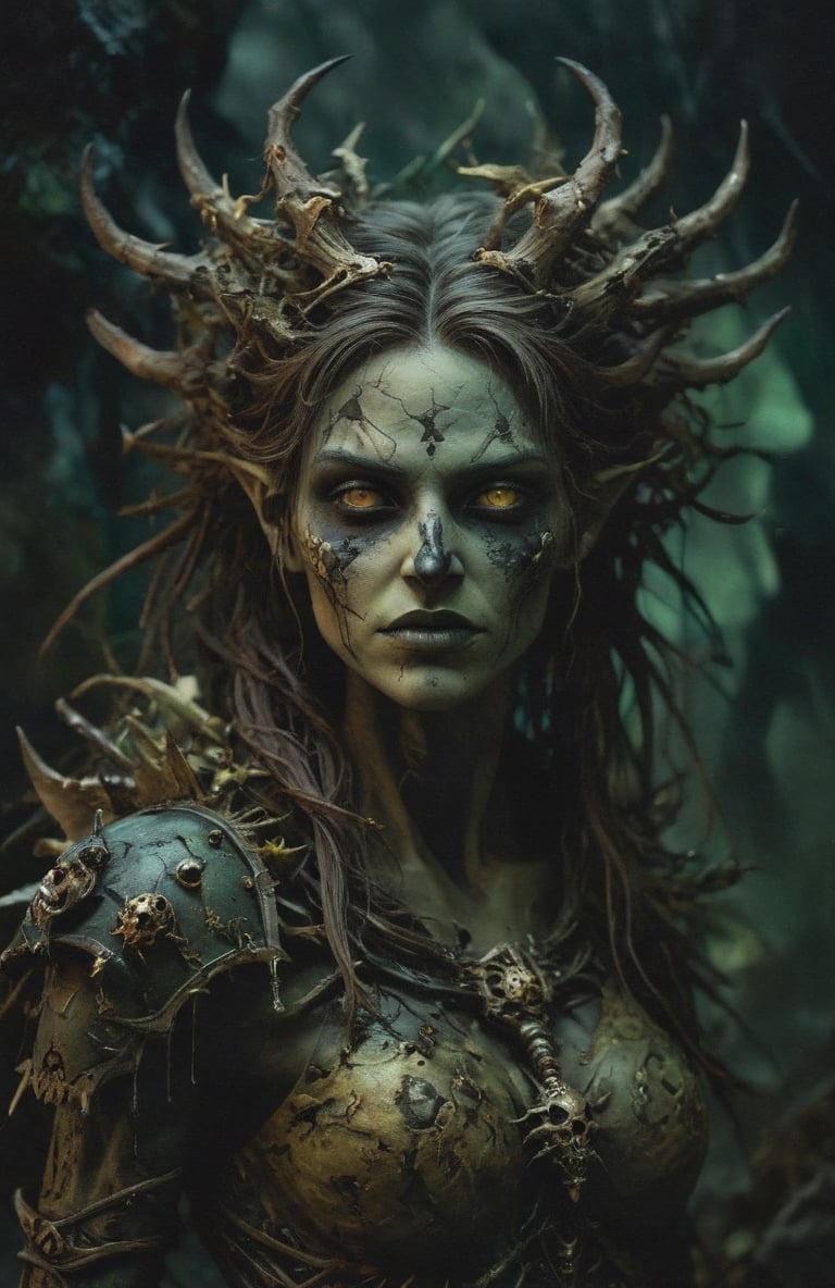 A beast of Nurgle on a pile of bones, 40k, toned and skinny, cascading strands of her hair, 40k, Grimdark Art, Grimdark Style, mysterious ambience, dark, digital painting, High Quality, 8k Uldtra HD, hyper-realistic, fantasy art, Warhammer 40k concept Art, Warhammer 40k, nodf_xl, dark, digital painting, in the style of esao andrews,4k,ENHANCE XL,ENHANCE Facial details, esao andrews style, esao andrews art, warhammer40k, intricate detailed background, dark gritty art, dark and low saturation, moody colours, 