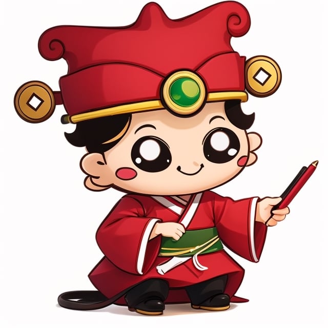 (1st boy),boy,red hat,hanfu,(White background), (SUPER CHIBI), chibi, full_body, Standing posture,chibi,（write,Hold a pen and write,snake）,smile