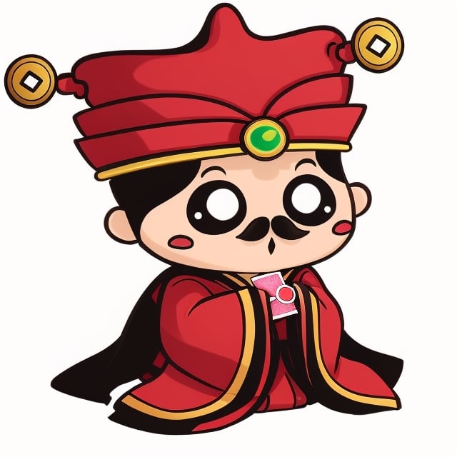 (1st boy),boy,red hat,hanfu,(simple background), (SUPER CHIBI), chibi, full_body, Standing posture,chibi,（Take the love card）,smile, blush stickers, mustache