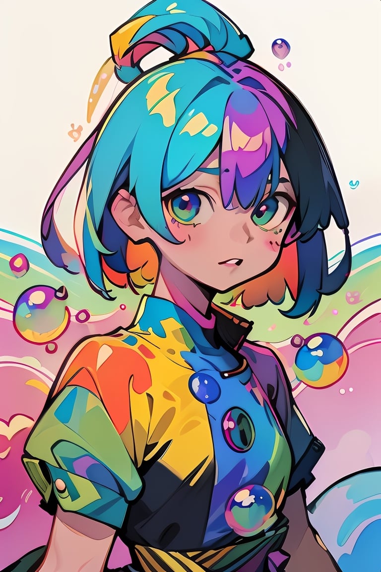 extremely bold outline, lovely cool girl with random wear, Rainbow Watercolor painting hair, Rainbow Watercolor painting eye, floral, (street view & small rainbow bubble background:1.3), nature color, Digital painting, pixiv, 8k, best quality, ultra detailed, by Yoneyama Mai, upper body