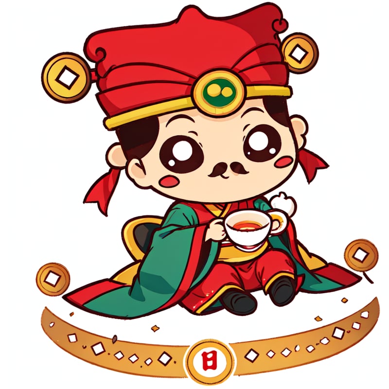 (1st boy),boy,red hat,hanfu,(simple background), (SUPER CHIBI), chibi, full_body, Standing posture,chibi,happy,(Seated posture,Holding a teacup, drinking a tea),truechibi,Chibi