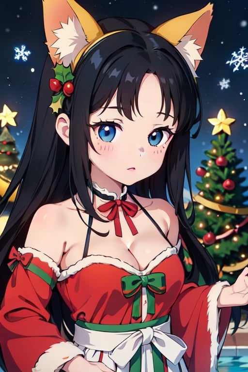 hafun,chibi,fox ears,a girl,
Perfect quality, Christmas decorations, Christmas trees,(Portrait from the waist up,Half-length portrait:1.05),cleavage,(Christmas tree),(Christmas pool party carnival scene, 