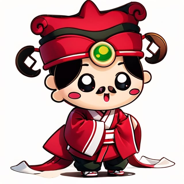 (1st boy) , happy, red hat, (White background),  (SUPER CHIBI), chibi, fully_clothed, full_body, Standing posture, hanfu,chibi,oha style