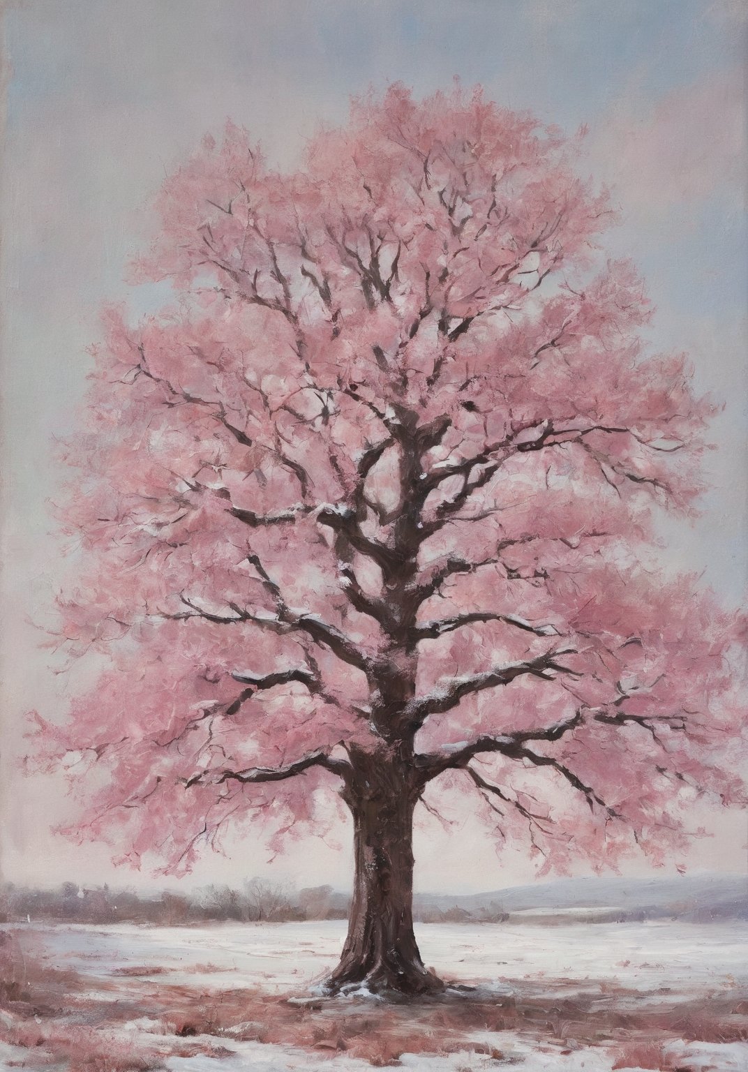 Pink oak tree in winter.
Modern art. 
Book cover art.
Nature,Nature,realistic