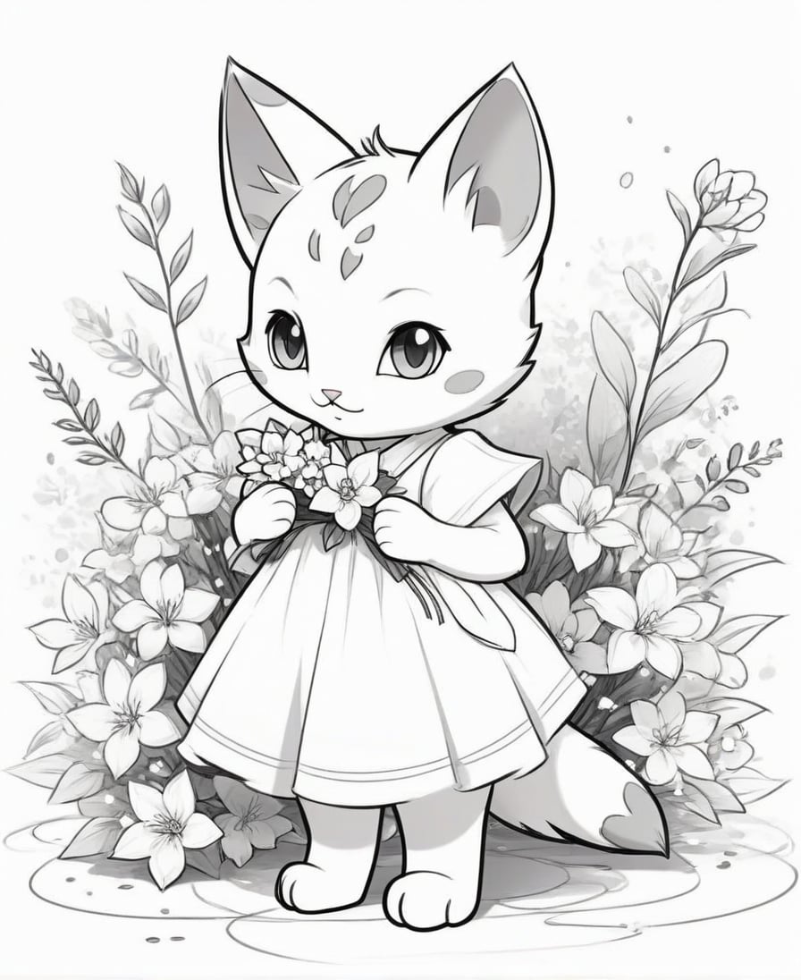 2D black and white vectoral sketch linework design.
Simple design. Cartoon. Large design. Pure white background.
Vector art. No colors. White background.
Clothed cat standing with dress; holding flowers.
Pokemon cartoon vectoral sketch.
Very simple drawing.
Black lines on white.
There is no black part. No shades. It's for coloring. No black spots, only the lines.
Very simple vector sketch.
Low detail. Zero shading.
Only black and white.
leonardo,realistic,real_booster,photorealistic,healing,tattoochibi,ipsketch\\(style\\),lines,TCC_SIMPLE_DRAWING