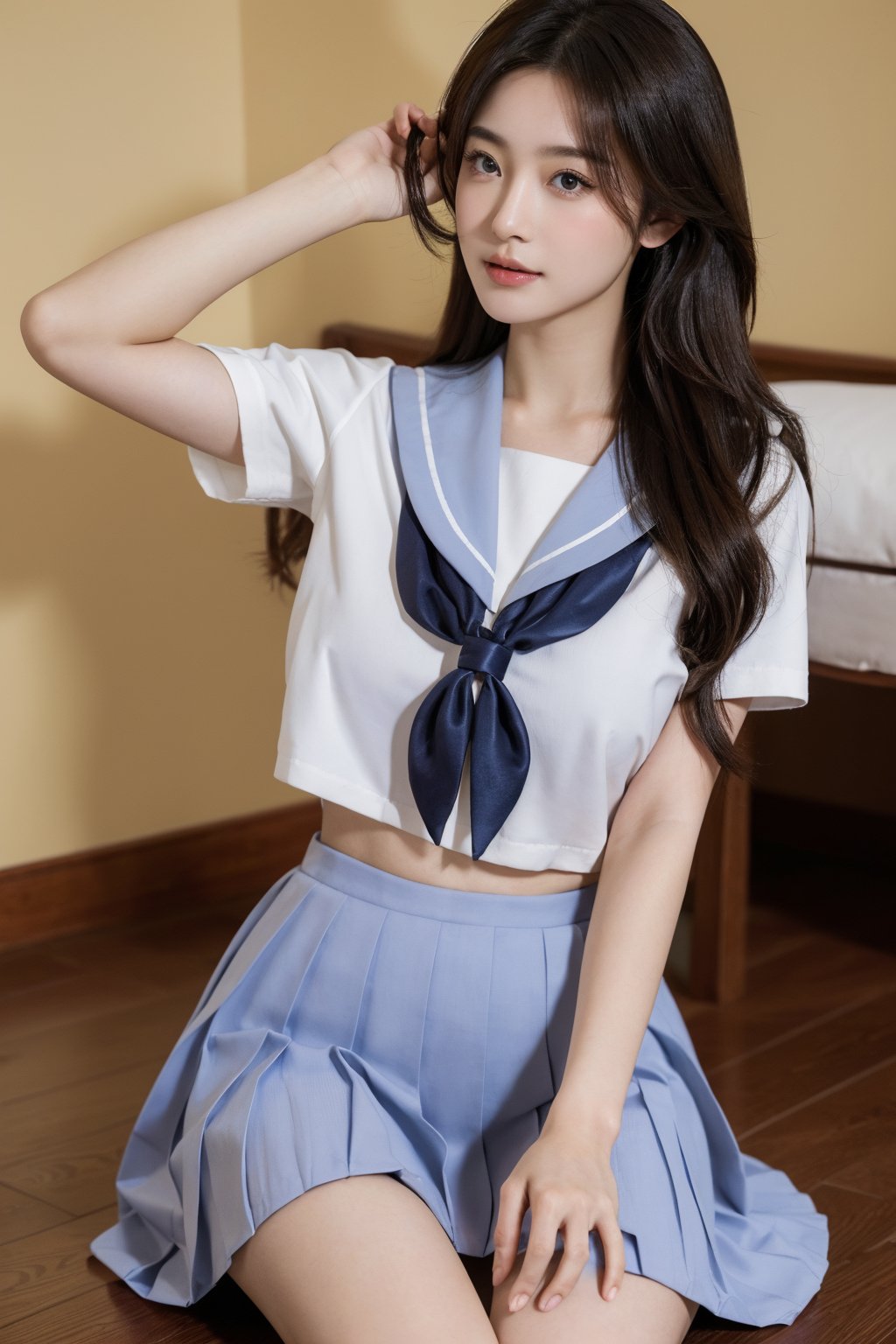 Beautiful Asian girl, long brown wavy hair, (cowboy shot: 1.4), slight smiling, curly body shape, while pale skin, slim, perfect eyes, shiny skin, lustrous skin, narrow waist, wide hips, 

 (huge breasts: 1.4), spread legs,


colorful, ultra highly detailed, 32 k, mix4, best quality, ultra high res, (photorealistic:1.4), masterpiece, best quality, photography, 8K, award winning, perfect lighting, hyper detailed face and eyes, gorgeous, eyes watching the same direction,lying down,open legs,school uniform,jp_school_uniform, serafuku