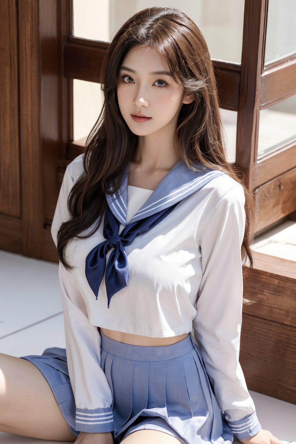 Beautiful Asian girl, long brown wavy hair, (cowboy shot: 1.4), slight smiling, curly body shape, while pale skin, slim, perfect eyes, shiny skin, lustrous skin, narrow waist, wide hips, 

 (huge breasts: 1.4), spread legs,


colorful, ultra highly detailed, 32 k, mix4, best quality, ultra high res, (photorealistic:1.4), masterpiece, best quality, photography, 8K, award winning, perfect lighting, hyper detailed face and eyes, gorgeous, eyes watching the same direction,lying down,open legs,school uniform,jp_school_uniform, serafuku