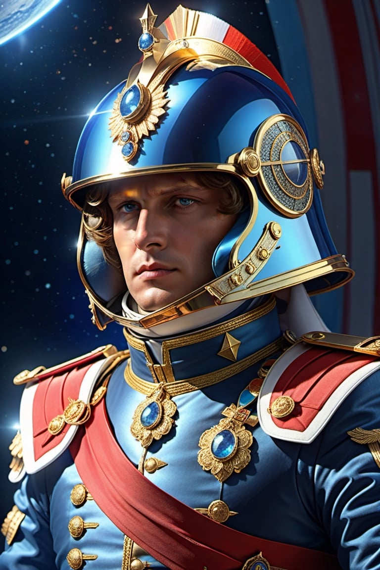 Portrait, futuristic Napoleon, hi-tech helmet, 22th century, outer space fighting, full body, blue, red, white, 












colorful,  ultra highly detailed,  32 k,  Fantastic Realism complex background,  deep rich colors,  ultra detailed,  intricate details,  fantasy concept art,  dynamic lighting,  lights,  digital painting,  intricated pose,  highly detailed intricated,  stunning,  textures,  iridescent and luminescent scales,  breathtaking beauty,  pure perfection,  divine presence,  unforgettable,  impressive,  volumetric light,  auras,  rays,  vivid colors reflects,  sf,  greg rutkowski,  beautiful detailed intricate insanely detailed octane render trending on artstation,  8k artistic photography,  photorealistic concept art,  soft natural volumetric cinematic perfect light, ,3d style,detailmaster2