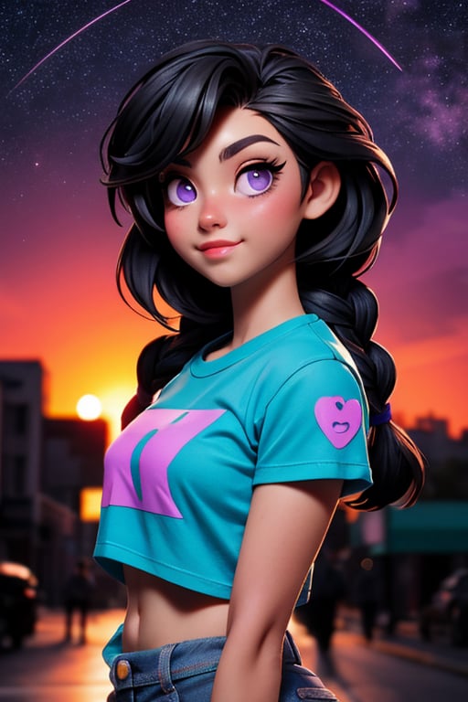 (Detailed Hyperreal Face: 1.2), (Front Viewer: 1.2), (Front View), Centered, Upper Body, Award Winning Frontal Photography, Masterpiece, | (arms behind back), (beautiful detailed eyes: 1.2), braid hairstyle, (black hair color), (light purple eyes), (black tube crypto logo t-shirt), abdomen, belly button, lower leg of jeans, | sunset, bokeh, depth of field, | urban street city | starry sky, vaporwave color scheme (saturated colors: 1.2), 3DMM brown skin