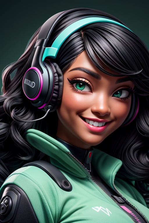 black woman with a shapely figure cyberpunk style with a smile long black curly hair voluptuous body close-up of face eyes wearing light green headphones very pretty,JessicaWaifu,m4d4m